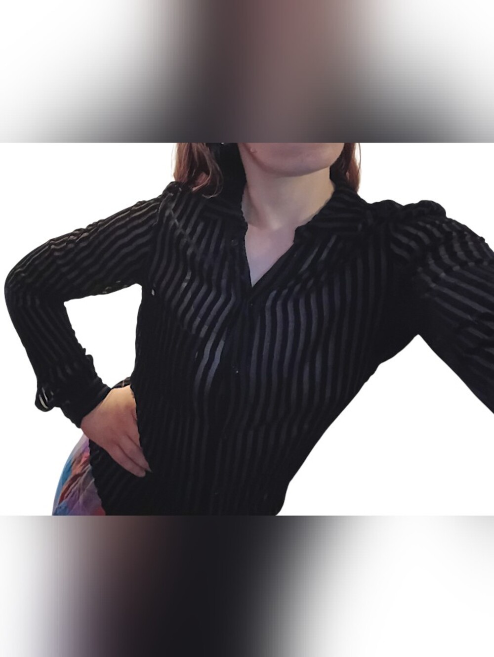 PAIGE Sheer Black Vertical-Stripe Button Down Shirt W/ Velvet Finish Size Small